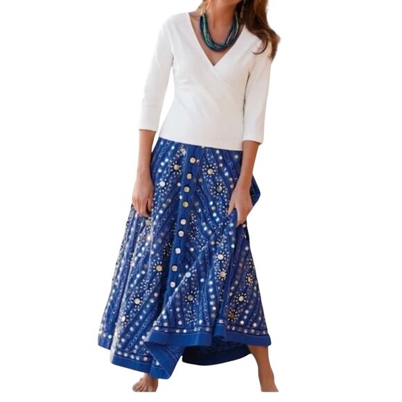 Soft Surroundings Sz L Preciosa Maxi Skirt Embroidered Beaded Boho Floral Blue - Picture 1 of 15